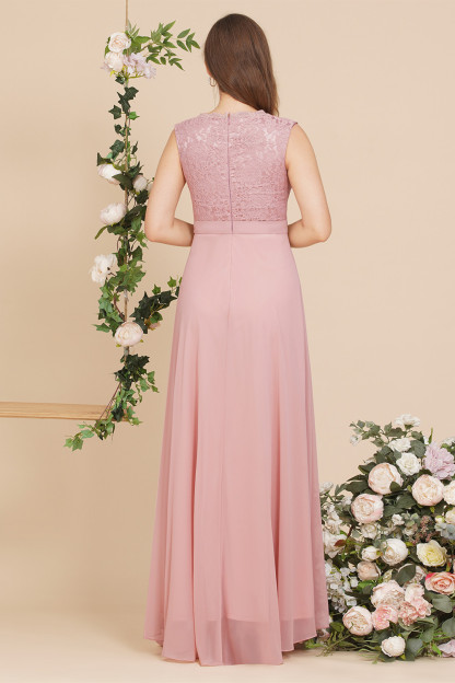 Bmbridal Pink Chiffon Evening Dress Long V-Neck Sleeveless Lace