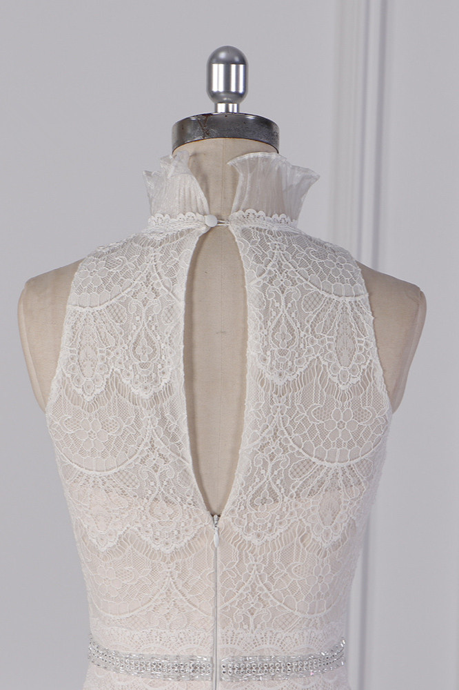 BMbridal Chic High-Neck Tulle Lace Wedding Dress Appliques Sleeveless Bridal Gowns with Beading Sashes Online-BMbridal