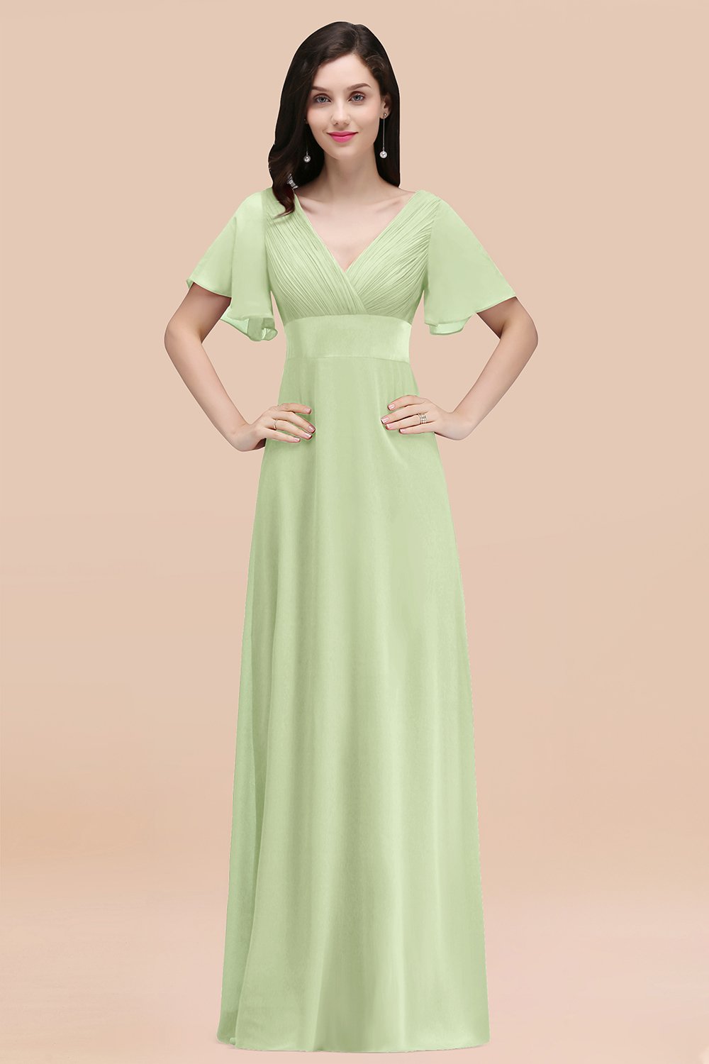 BMbridal Affordable V-Neck Ruffle Long Burgundy Bridesmaid Dress With Short-Sleeves-BMbridal
