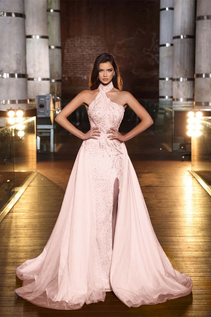 Purple Halter Mermaid Prom Dress Tulle Ruffles With Split Appliques