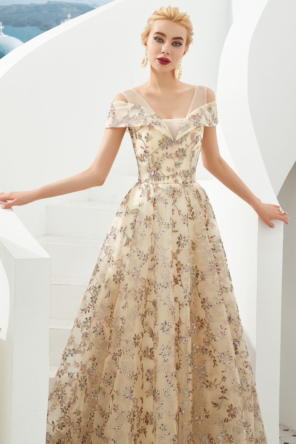 BMbridal Gold Off-the-Shoulder Sequins Prom Dress Long With Lace-Up Back