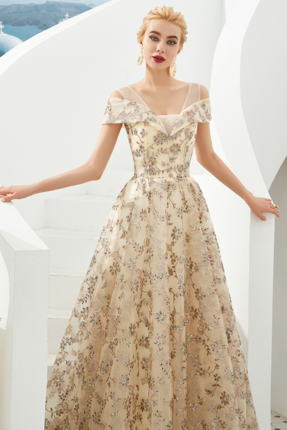 BMbridal Gold Off-the-Shoulder Sequins Prom Dress Long With Lace-Up Back