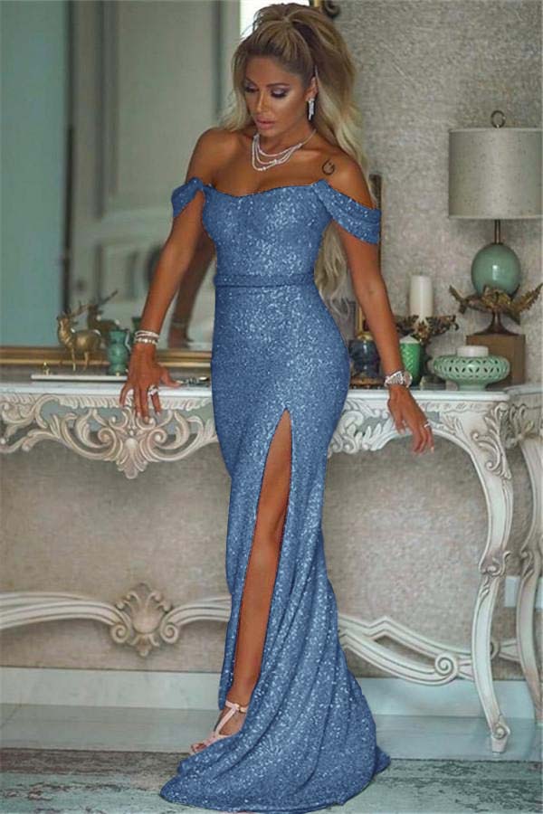 Pink Sequins Off the Shoulder Mermaid Elegant Prom Dresses With Split