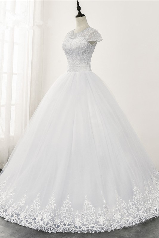 BMbridal Chic Ball Gown Jewel White Tulle Lace Wedding Dress Short Sleeves Rhinestones Bridal Gowns Online-BMbridal
