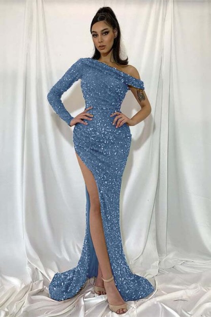 Sequins Mermaid Red One Shoulder Long Sleeve Long Prom Dress With Split