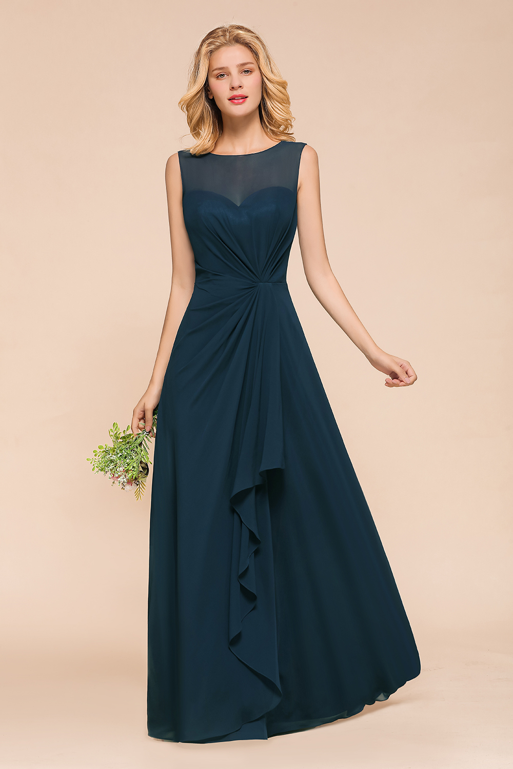 BMbridal Beautiful Chiffon Jewel Ruffle Navy Affordable Bridesmaid Dresses Online-BMbridal