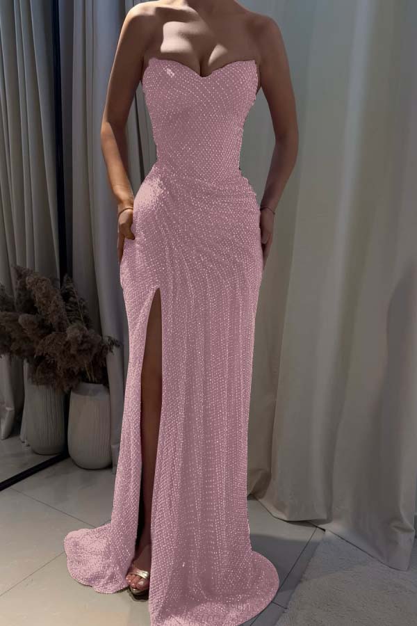 Strapless Sleeveless Mermaid Long Prom Dress With Split Pleated