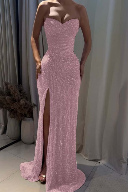 Strapless Sleeveless Mermaid Long Prom Dress With Split Pleated