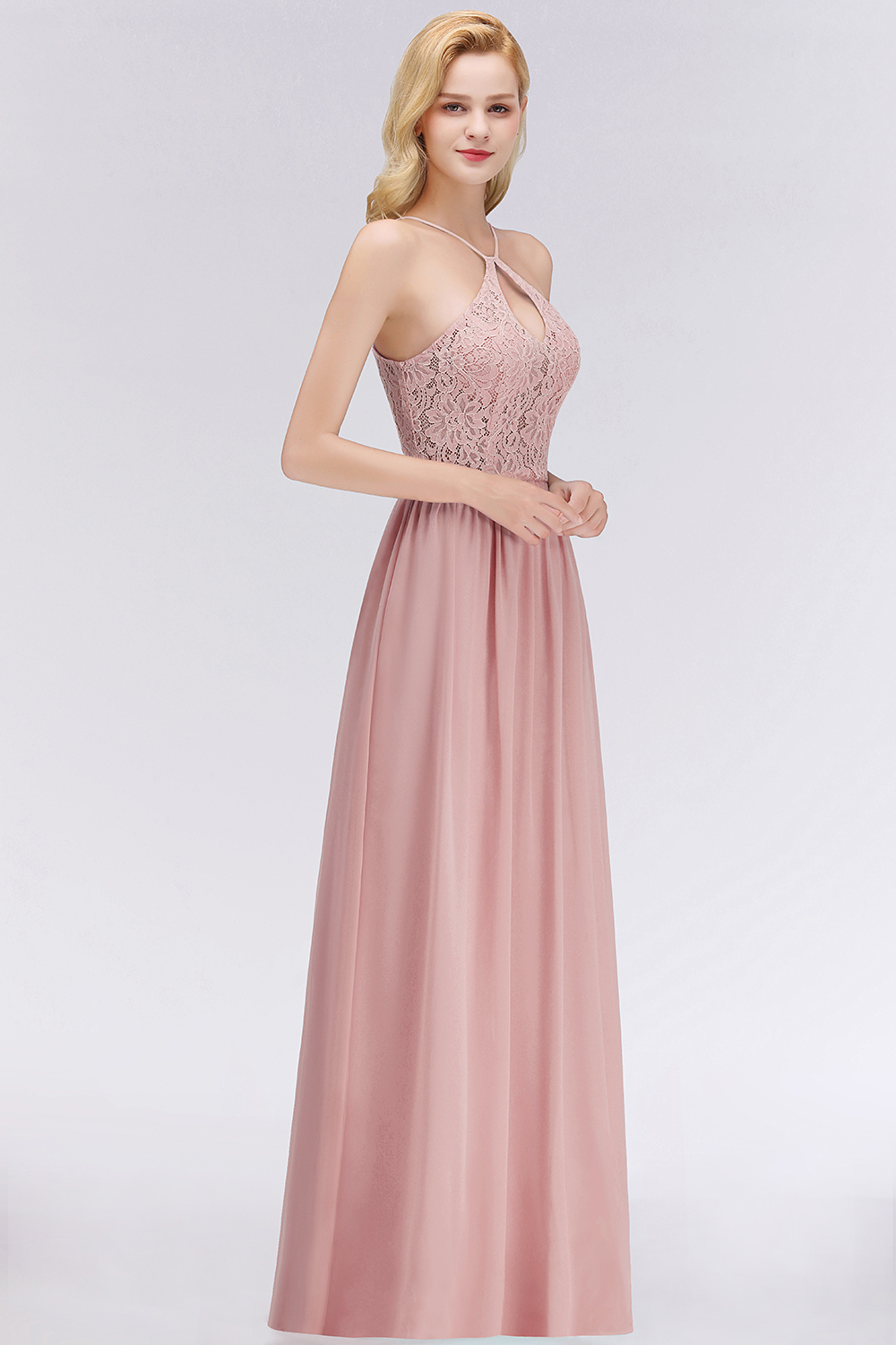 BMbridal Elegant Lace Keyhole Halter Dusty Rose Chiffon Bridesmaid Dress Affordable-BMbridal