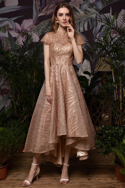 BMbridal Glamorous Rose Gold Sequins Prom Dress Short Sleeve Evening Gowns Online