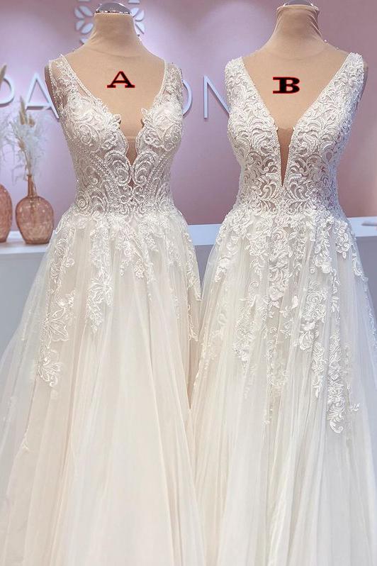 Bmbridal Open Back Sleeveless Wedding Dress Tulle With Lace-BMbridal