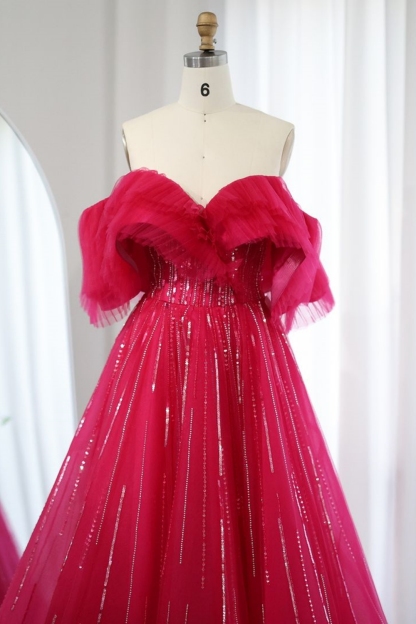 Bmbridal Fuchsia A-Line Tulle Sweetheart Floor-Length Prom Dresses with Ruffles