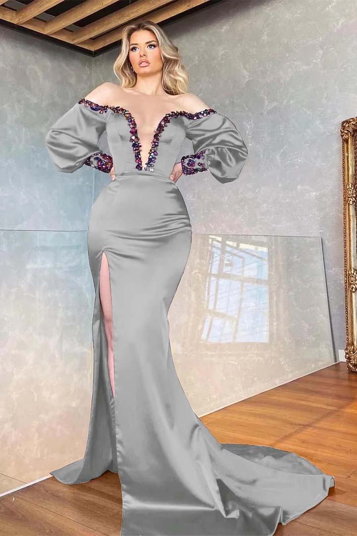 Purple Mermaid Beadings Front Split Prom Dress Off the Shoulder With Long Sleeves V Neck
