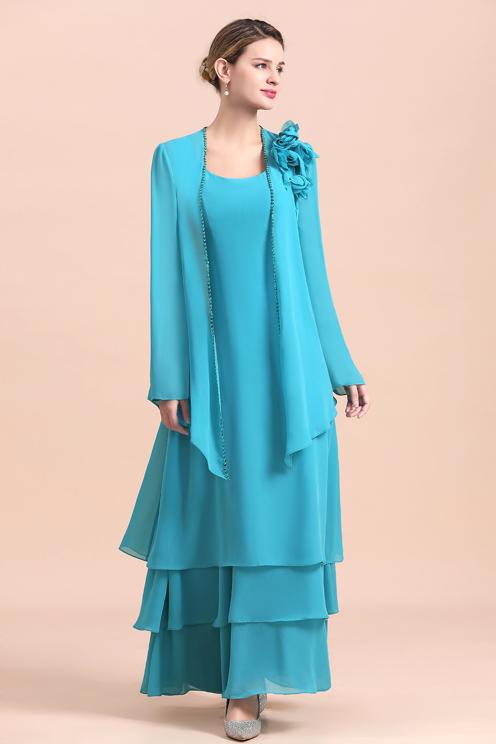 BMbridal Gorgeous Square Neck Flowers Layers Mother of Bride Dress with Long Wraps-BMbridal