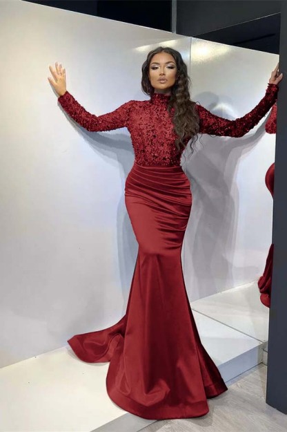 Classic Red Long Mermaid Prom Dress Pleated With Long Sleeves