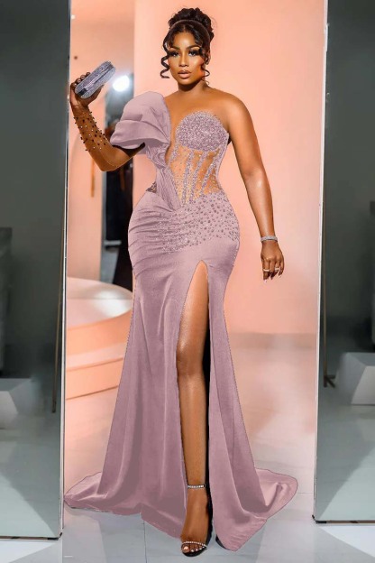 One Shoulder Long Sleeve Long Mermaid Prom Dress With Beading