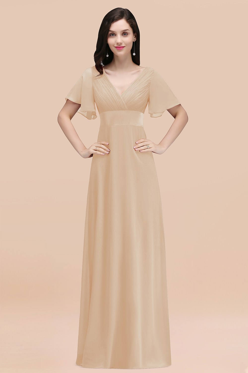 BMbridal Affordable V-Neck Ruffle Long Burgundy Bridesmaid Dress With Short-Sleeves-BMbridal