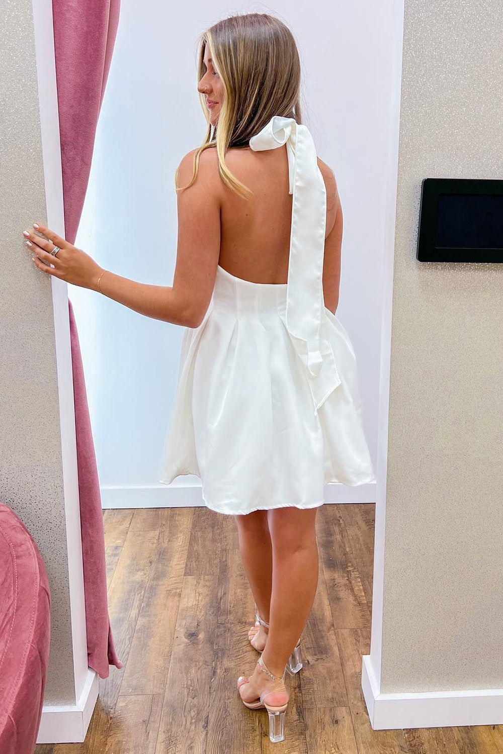 Simple White Halter Backless A-Line Short Homecoming Dress-BMbridal