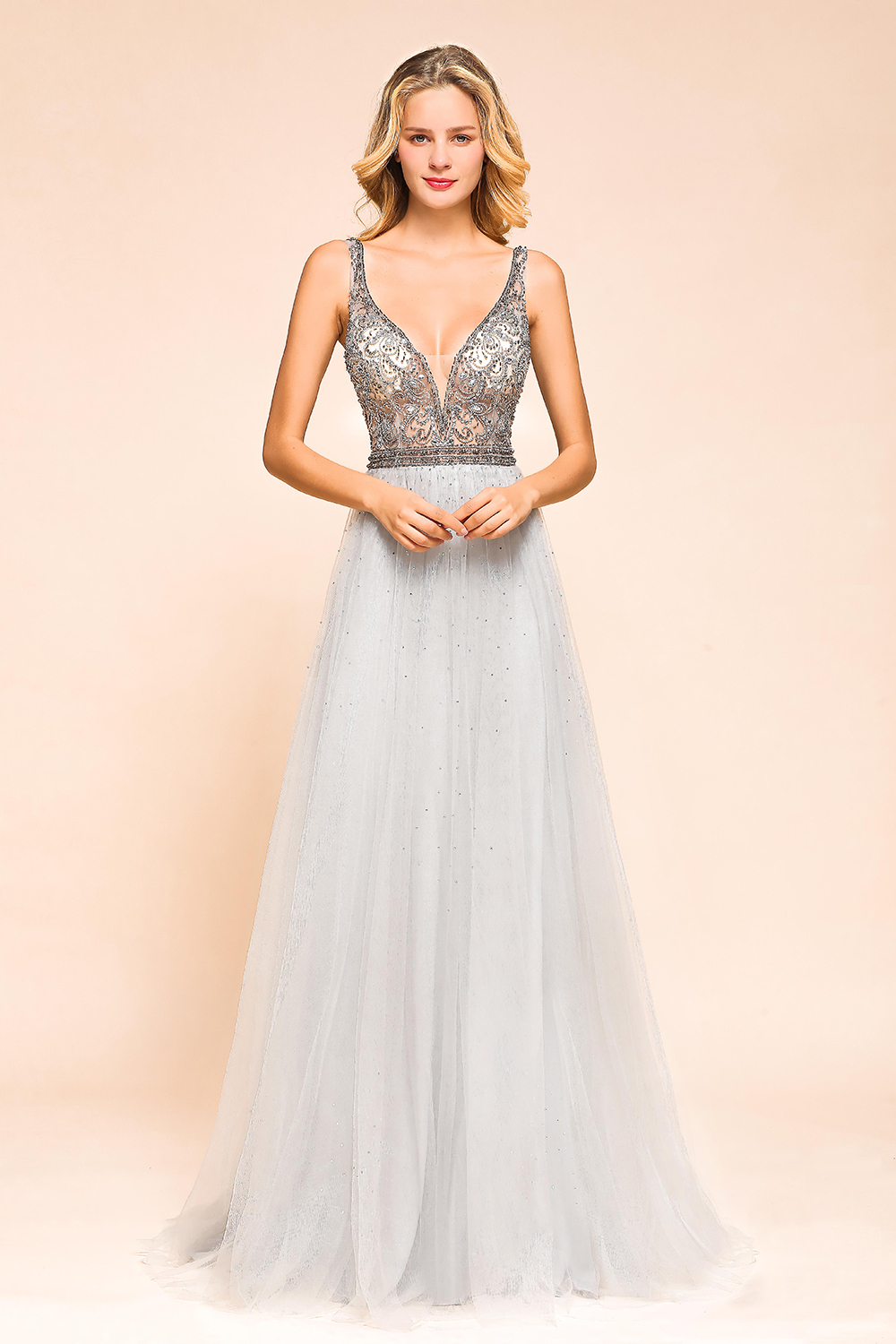 BMbridal Charming V-Neck Tulle Long Prom Dress With Crystals On Sale