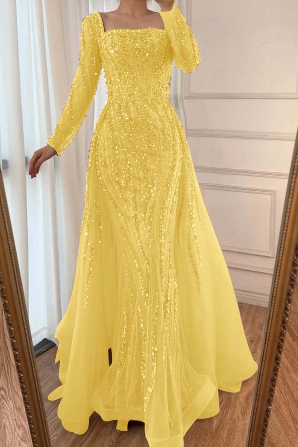 Square Neck Long Sleeves Long Mermaid Prom Dress With Beading Tulle