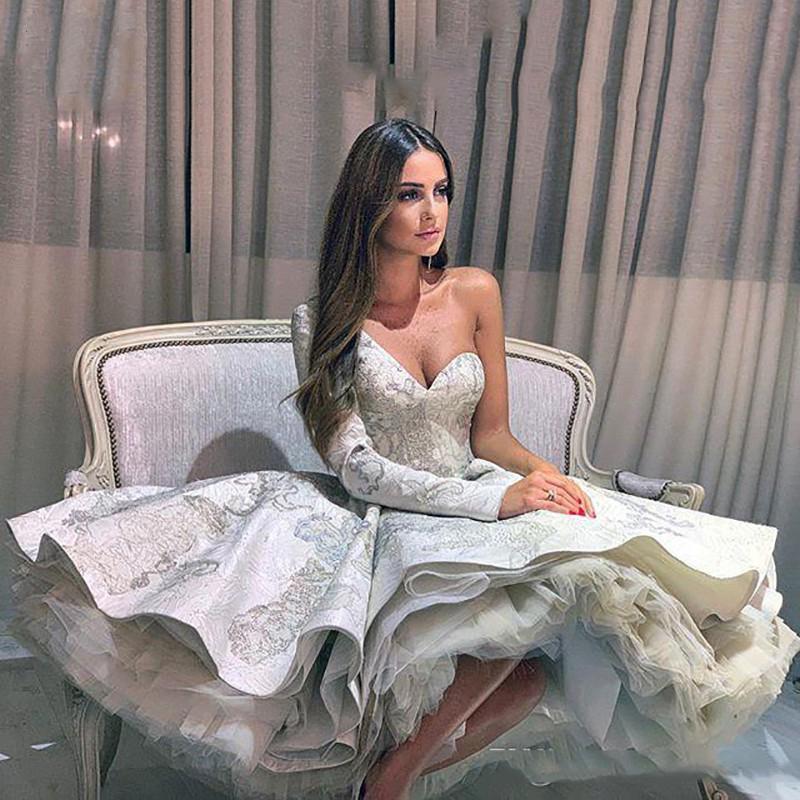 Luxury One Shoulder Floral Pattern A-Line Short Wedding Dress with Sleeves