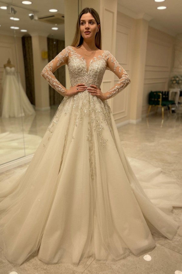 Charming A-Line Lace Appliques Long Wedding Dress with Sleeves