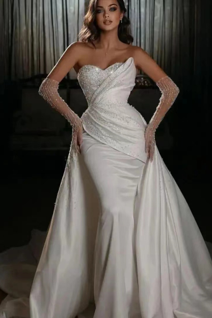 White Sweetheart Long Sleeves Mermaid Beads Wedding Dress with Detachable Skirt