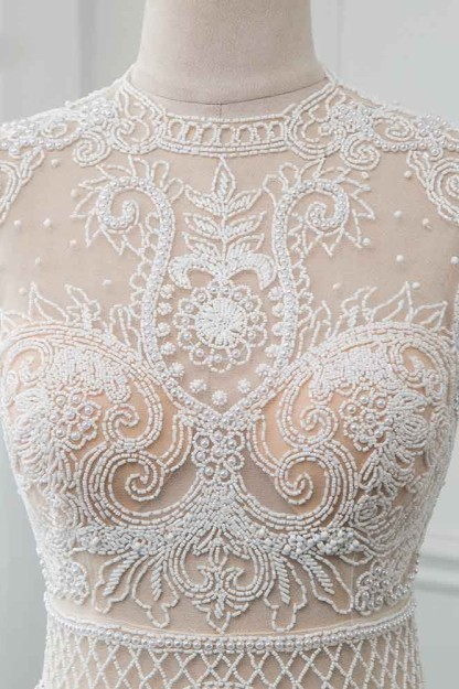 BMbridal Chic Jewel Chiffon Ruffle White Wedding Dresses Lace Top Sleeveless Bridal Gowns with Pearls-BMbridal