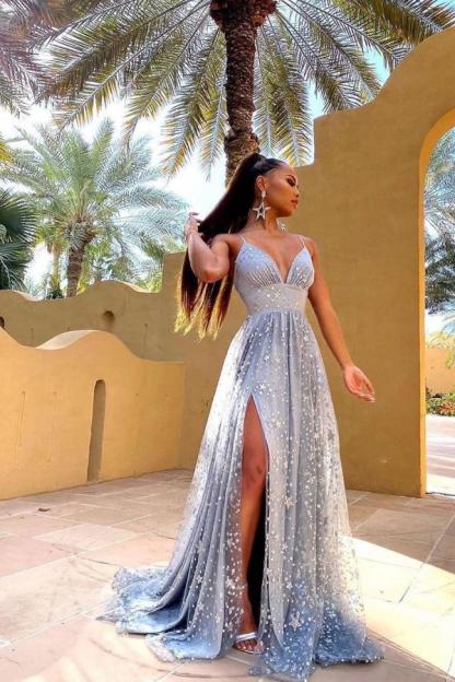 Bmbridal Dusty Blue V-Neck Long Prom Dress Sleeveless With Sequins