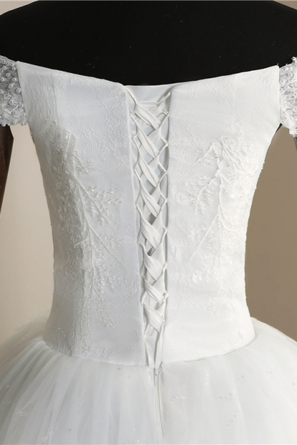 BMbridal Affordable Off-the Shoulder Sweetheart Tulle Wedding Dress Appliques Sleeveless Bridal Gowns with Pearls-BMbridal
