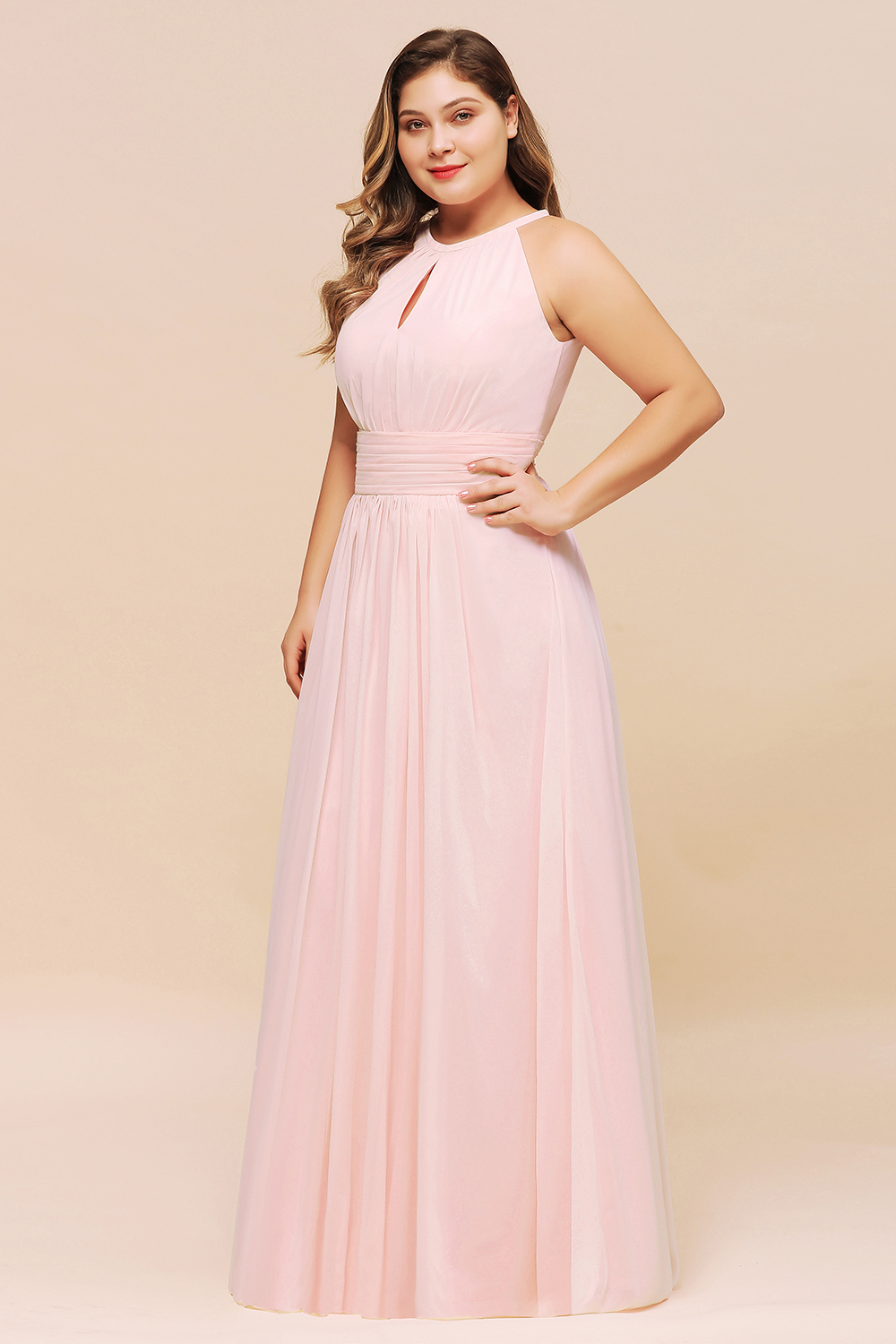 BMbridal Affordable Plus Size Chiffon Round Neck Pink Bridesmaid Dress-BMbridal