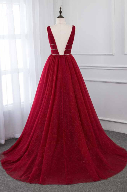 BMbridal Sexy Deep-V-Neck Sleeveless Burgundy Prom Dresses with Beadings