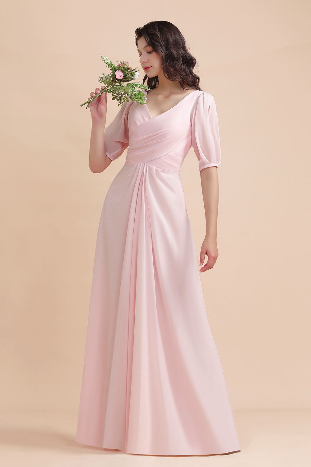 BMbridal A-Line V-Neck Chiffon Ruffles Bridesmaid Dress with Short Sleeves-BMbridal