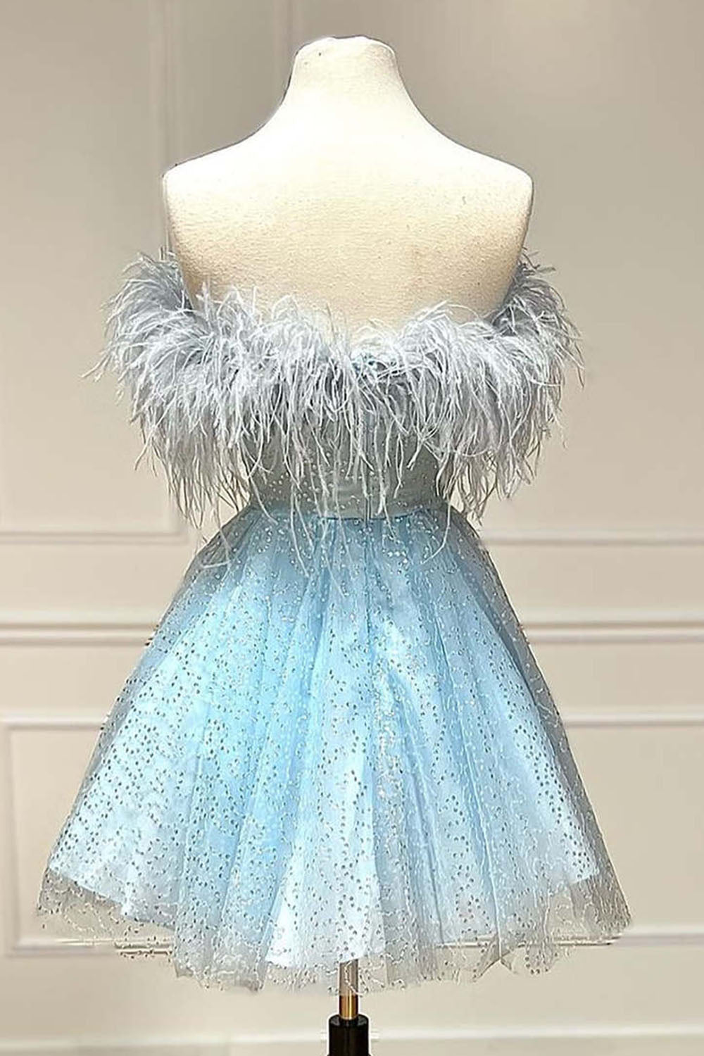 Light Blue A-Line Strapless Homecoming Dress with Feathers-BMbridal