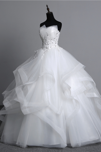 Gorgeous Strapless Tulle Layers Long Ball Gown Wedding Dress with Appliques Beadings