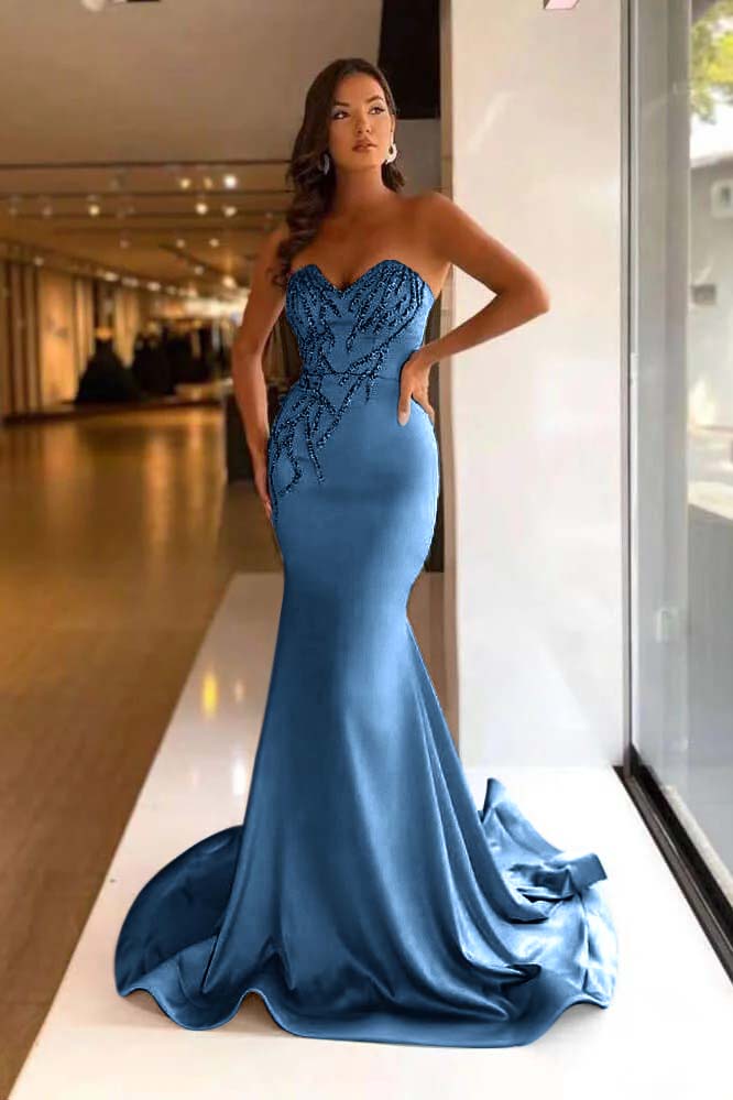 Pretty Strapless Sweetheart Sleeveless Long Mermaid Prom Dress With Beadings