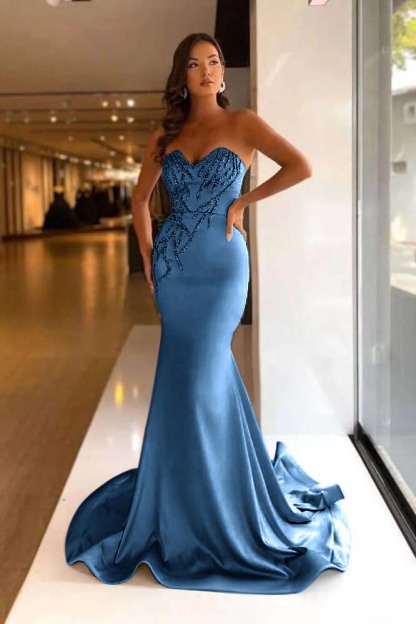 Pretty Strapless Sweetheart Sleeveless Long Mermaid Prom Dress With Beadings