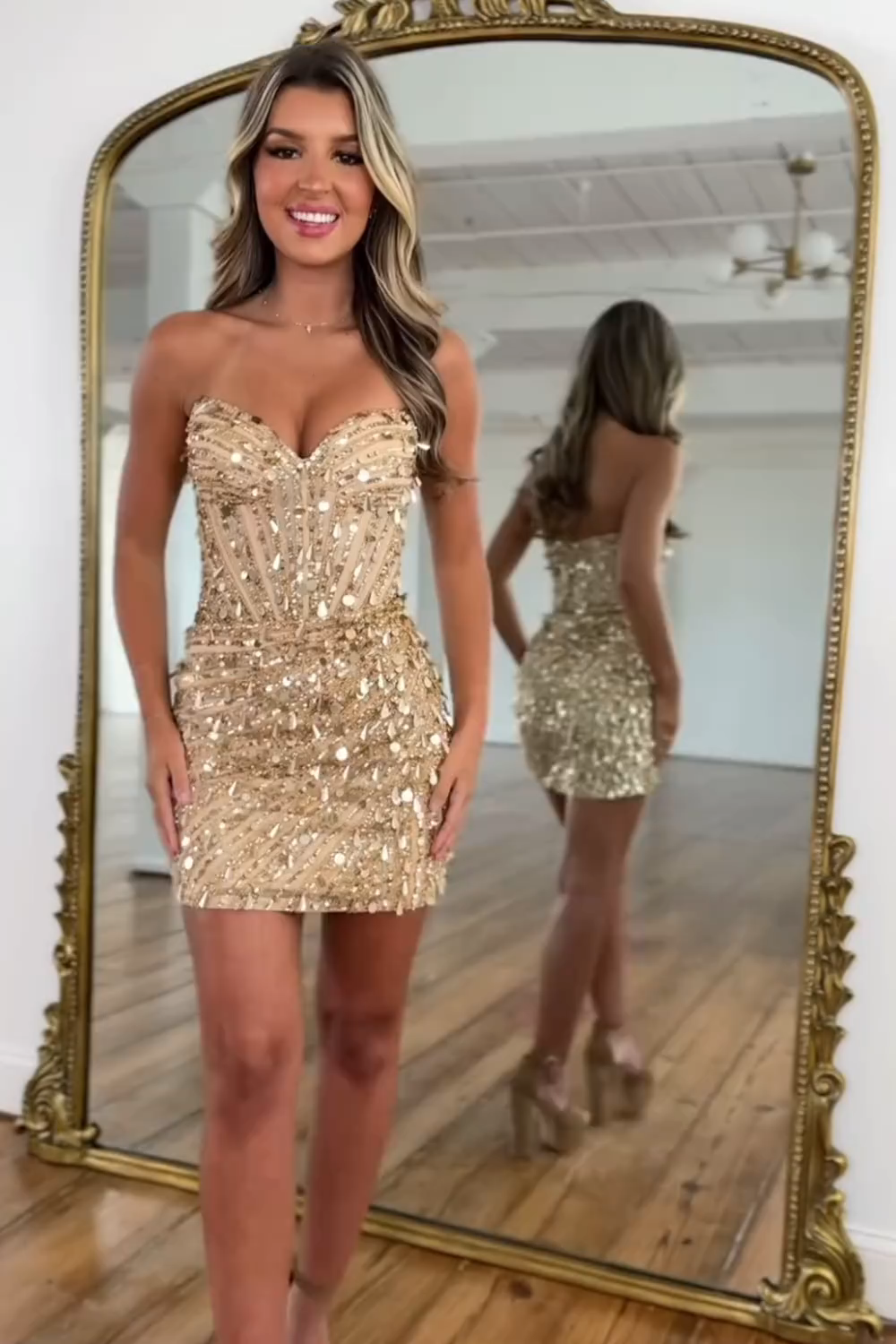 Sparkly Gold Strapless Tight Short Corset Homecoming Dress with Sequins