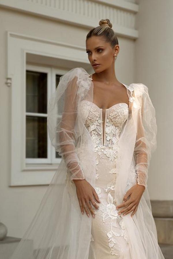 Bmbridal Sweetheart Champagne Wedding Dress Mermaid Long With Appliques-BMbridal