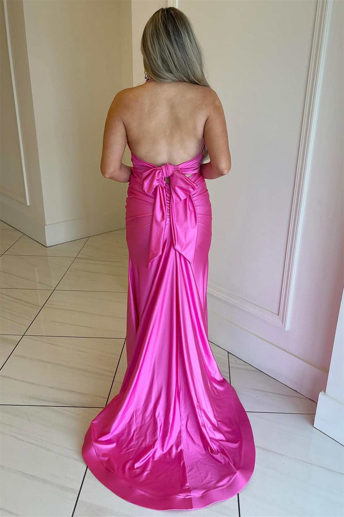 Gorgeous Hot Pink Sleeveless V-Neck Prom Dress Long Mermaid