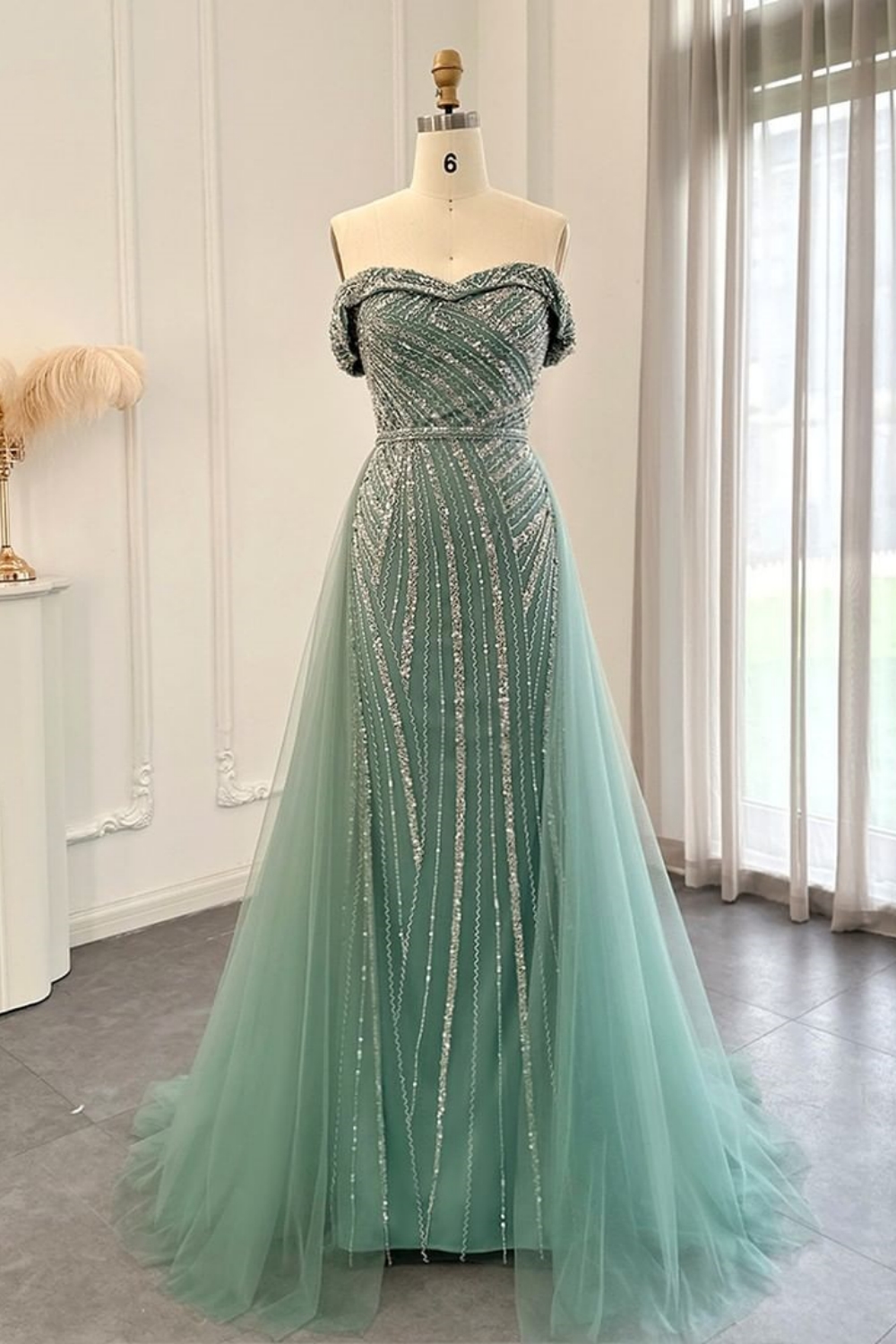 Bmbridal Dusty Sage Sweetheart Sleeveless Floor-Length Prom Dresses with Beadings