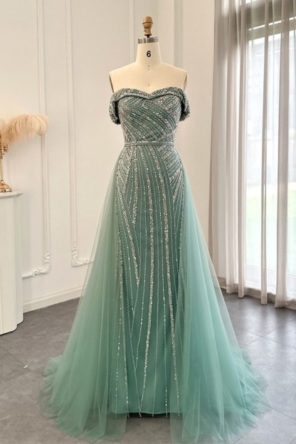 Bmbridal Dusty Sage Sweetheart Sleeveless Floor-Length Prom Dresses with Beadings