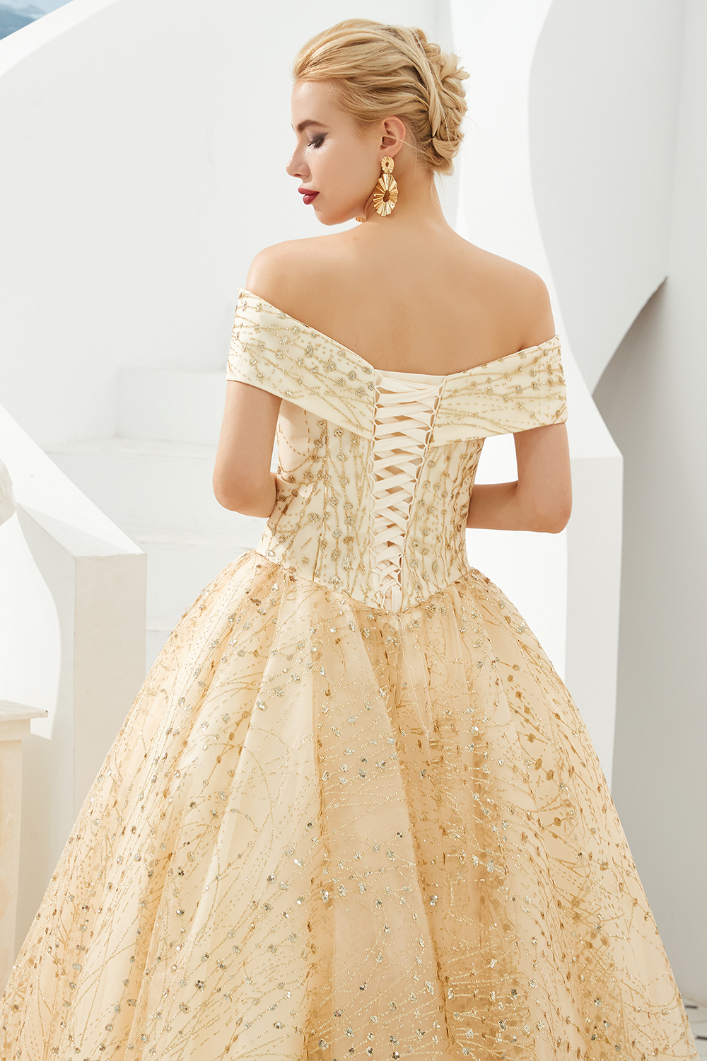 BMbridal Gold Off-the-Shoulder Sequins Prom Dress Ball With Lace-up Online