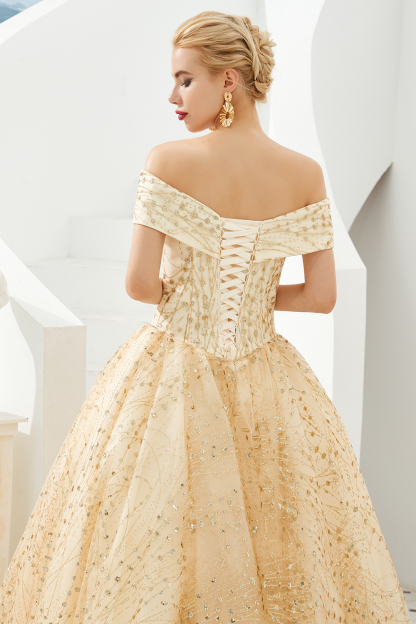 BMbridal Gold Off-the-Shoulder Sequins Prom Dress Ball With Lace-up Online