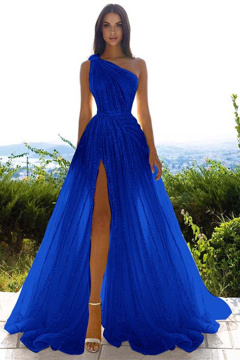 Tulle Sequins One Shoulder A Line Long Prom Dress Daffodil With Front Split