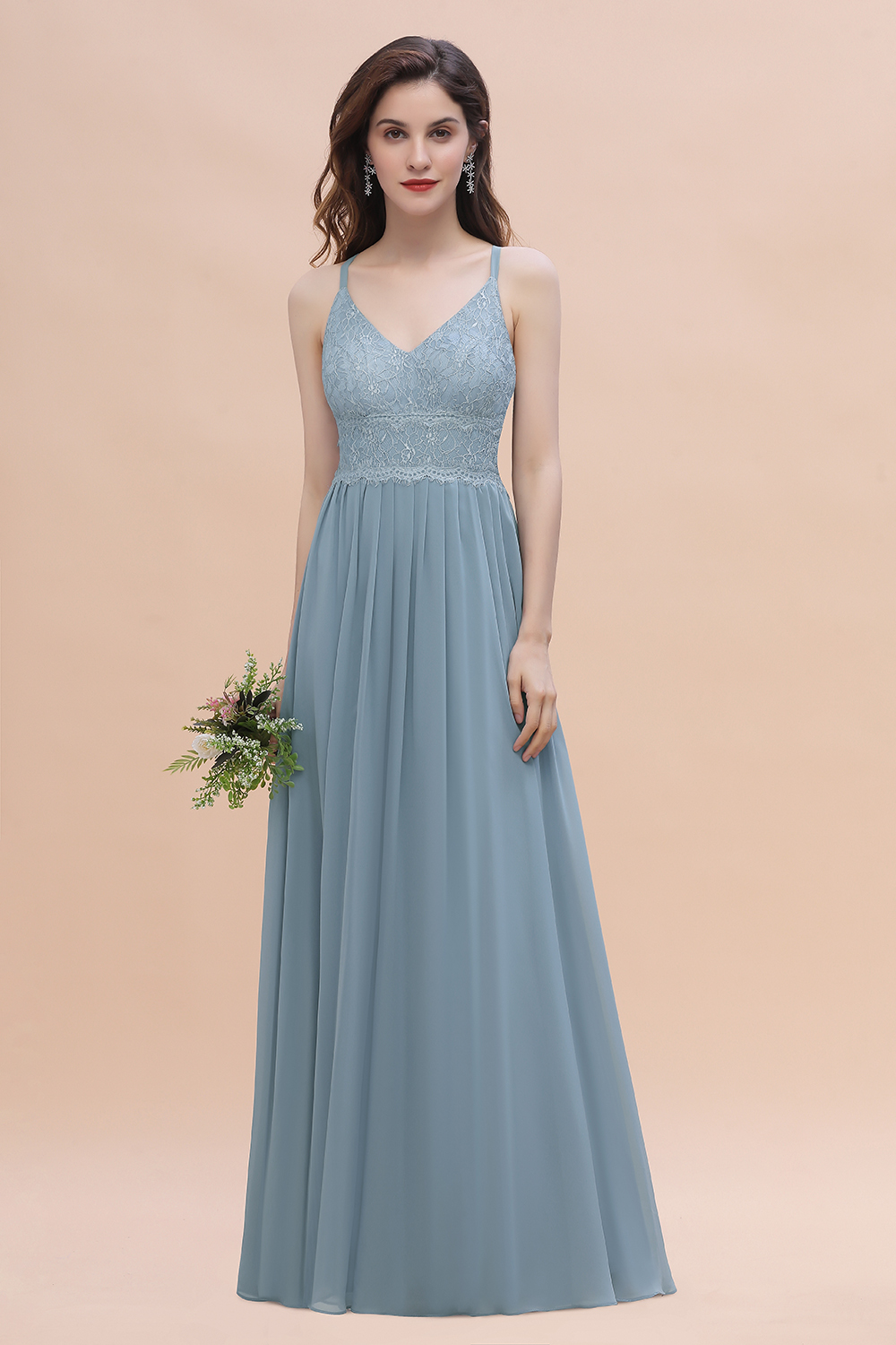 BMbridal Stylish Straps V-Neck Chiffon Lace Dusty Blue Bridesmaid Dress On Sale-BMbridal
