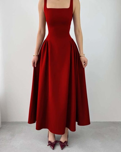 Sleeveless Square Neck Straps Tea Length Prom Dress With Pleated