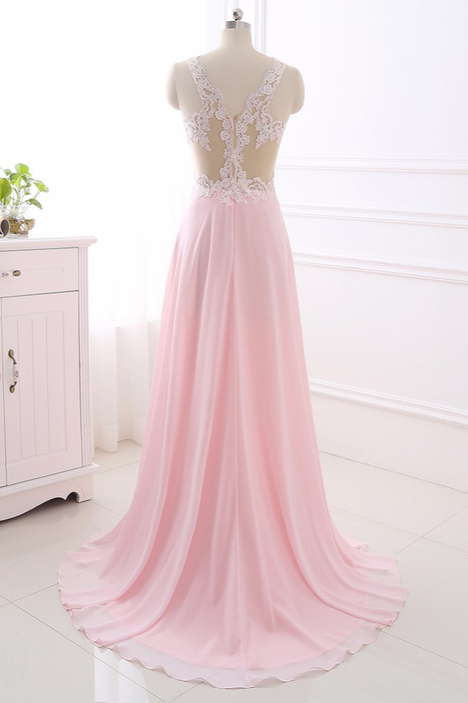 BMbridal Elegant A-Line V-Neck Pink Chiffon Prom Dresses with Ruffles Online