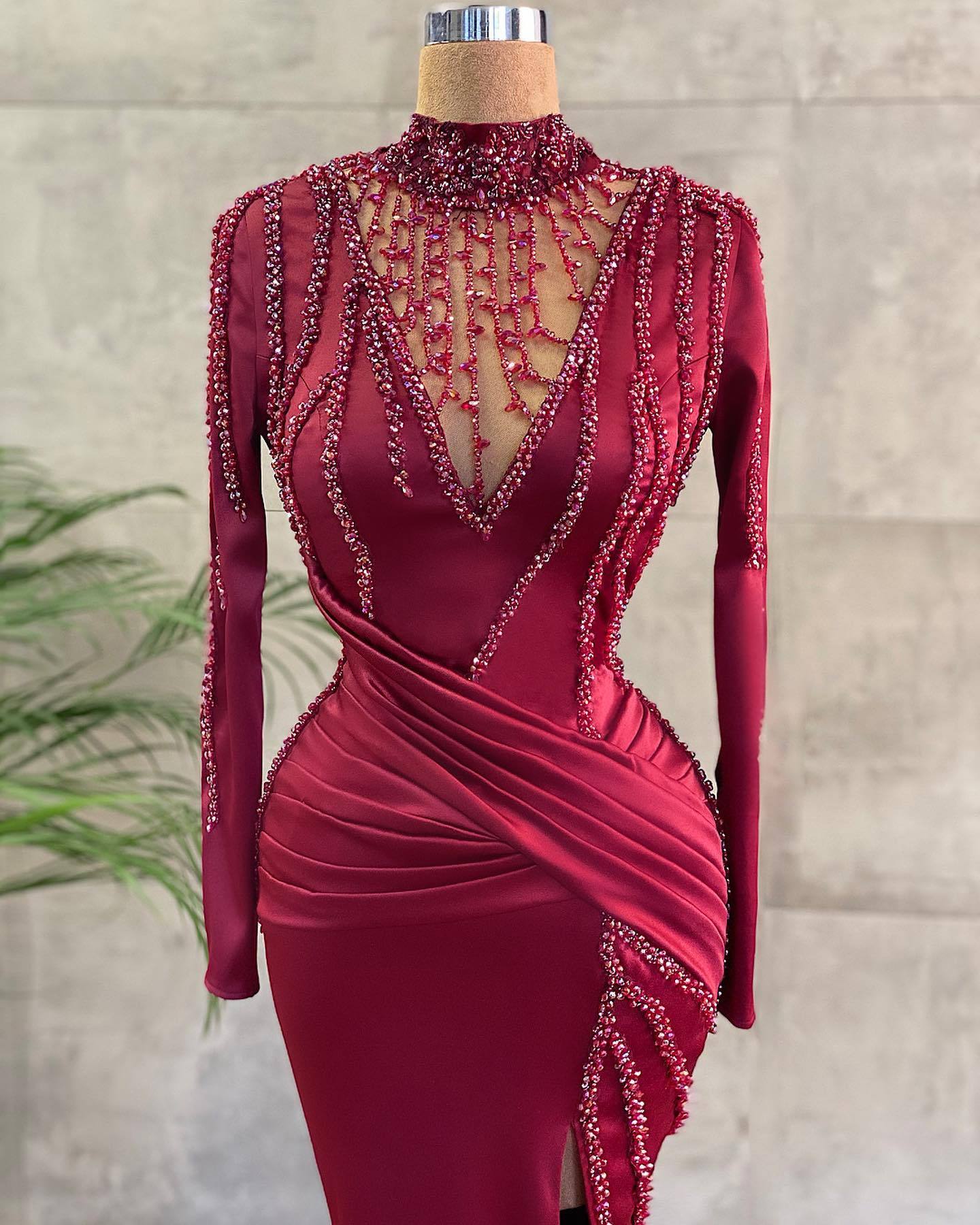 BMbridal Long Sleeves Burgundy Mermaid Prom Dress With Beadings