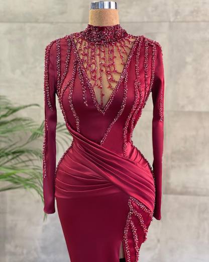 BMbridal Long Sleeves Burgundy Mermaid Prom Dress With Beadings